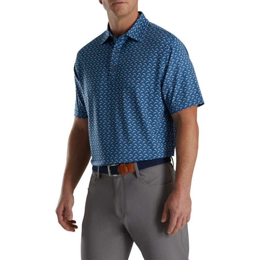 Blå Footjoy Danmark Atletisk Pasform Lisle Springende Delfiner Print Selv Krave