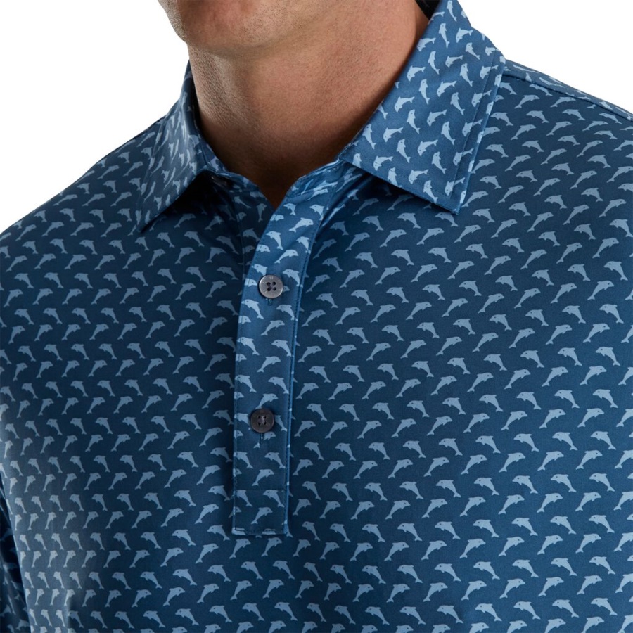 Blå Footjoy Danmark Atletisk Pasform Lisle Springende Delfiner Print Selv Krave