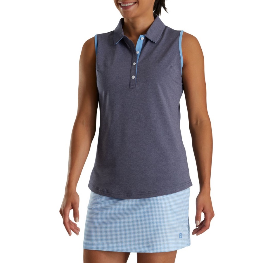 Footjoy Danmark Navy Pique ærmeløs Houndstooth Trim Skjorte Kvinder